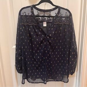 Bila Women's Plus Size Sheer Navy Long Sleeve Blouse with Gold Detailing - XXL
